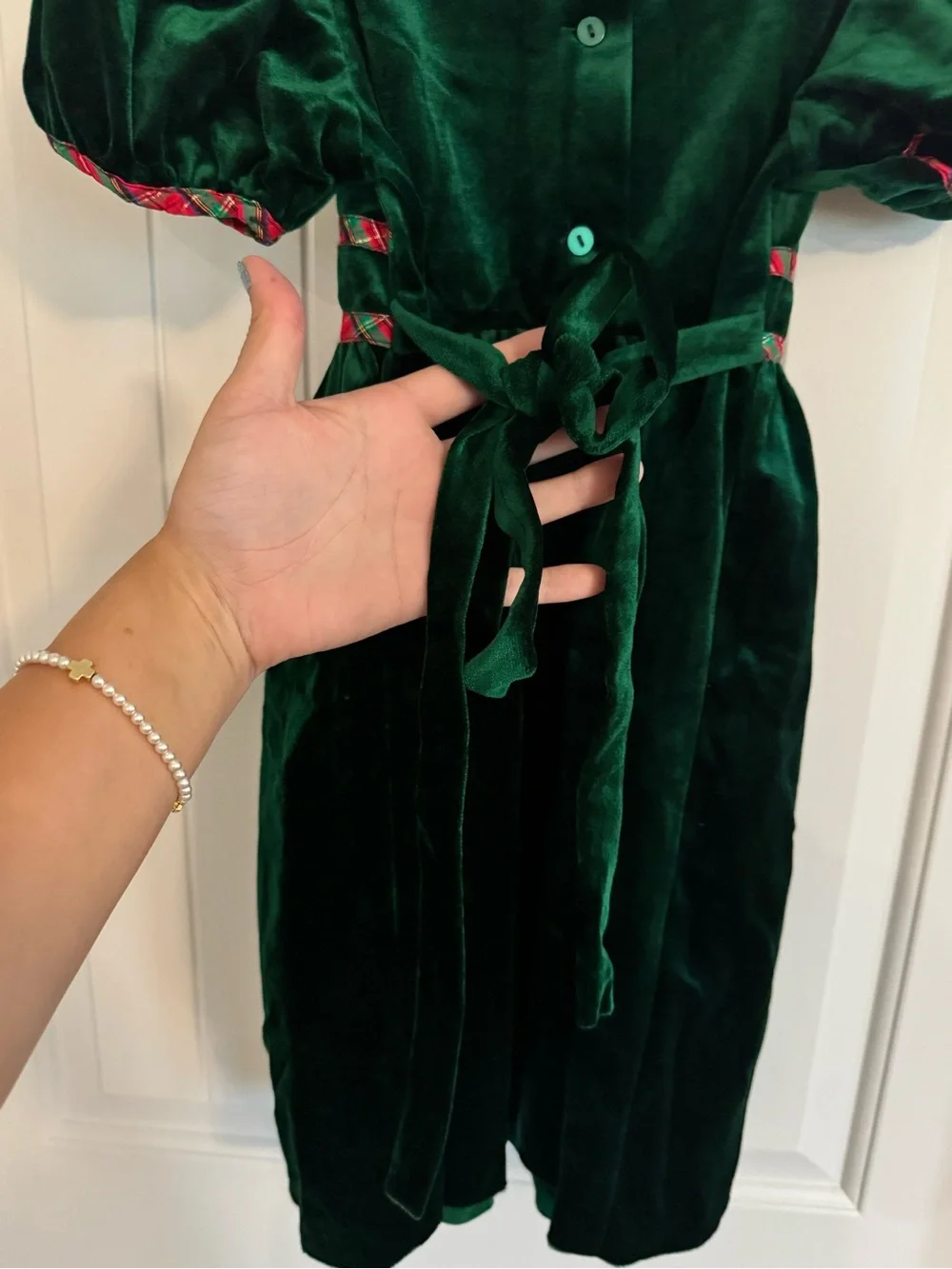 Rare Editions Dark Green Velvet Holiday Dress with Red Plaid Trim